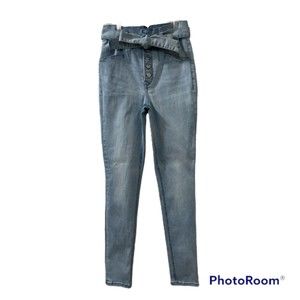 Express Light Wash Denim Super High Rise Belted Skinny Jeans Stretch Size 6R/6R